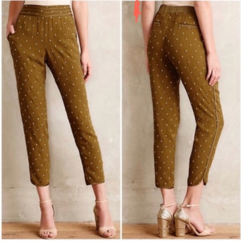 Elevenses Anthropologie olive and gold embroidered pant